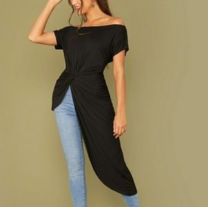 Twist Front Asymmetrical Hem Bardot Top